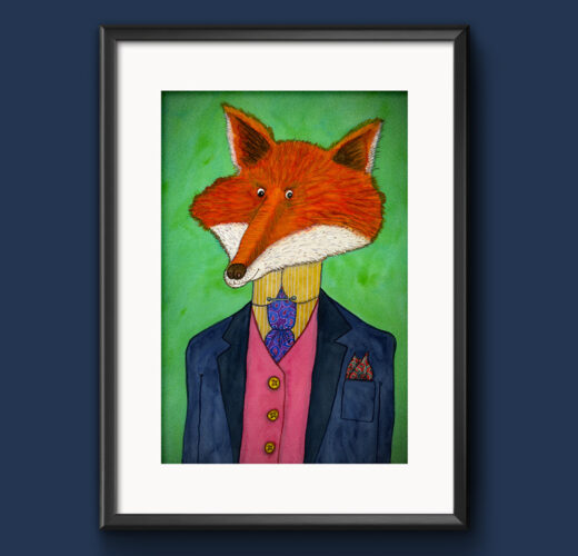 Fox picture, signed illustrative print frame example