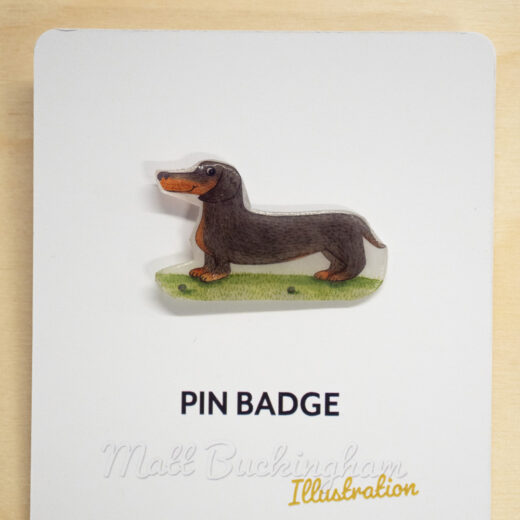 Dachshund dog illustrated pin badge by Matt Buckingham