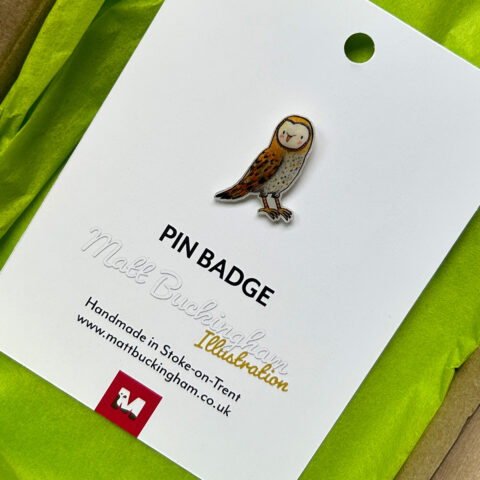 illustrated barn owl pin badge