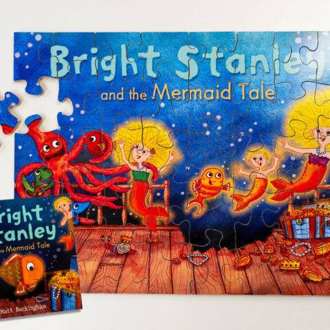 Bright Stanley and the Mermaid Tale book and 40 piece wooden jigsaw gift set by Matt Buckingham