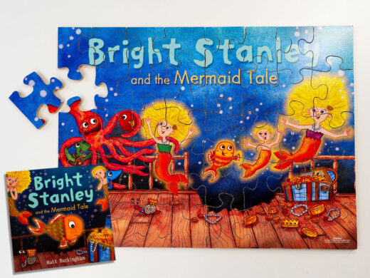Bright Stanley and the Mermaid Tale book and 40 piece wooden jigsaw gift set by Matt Buckingham